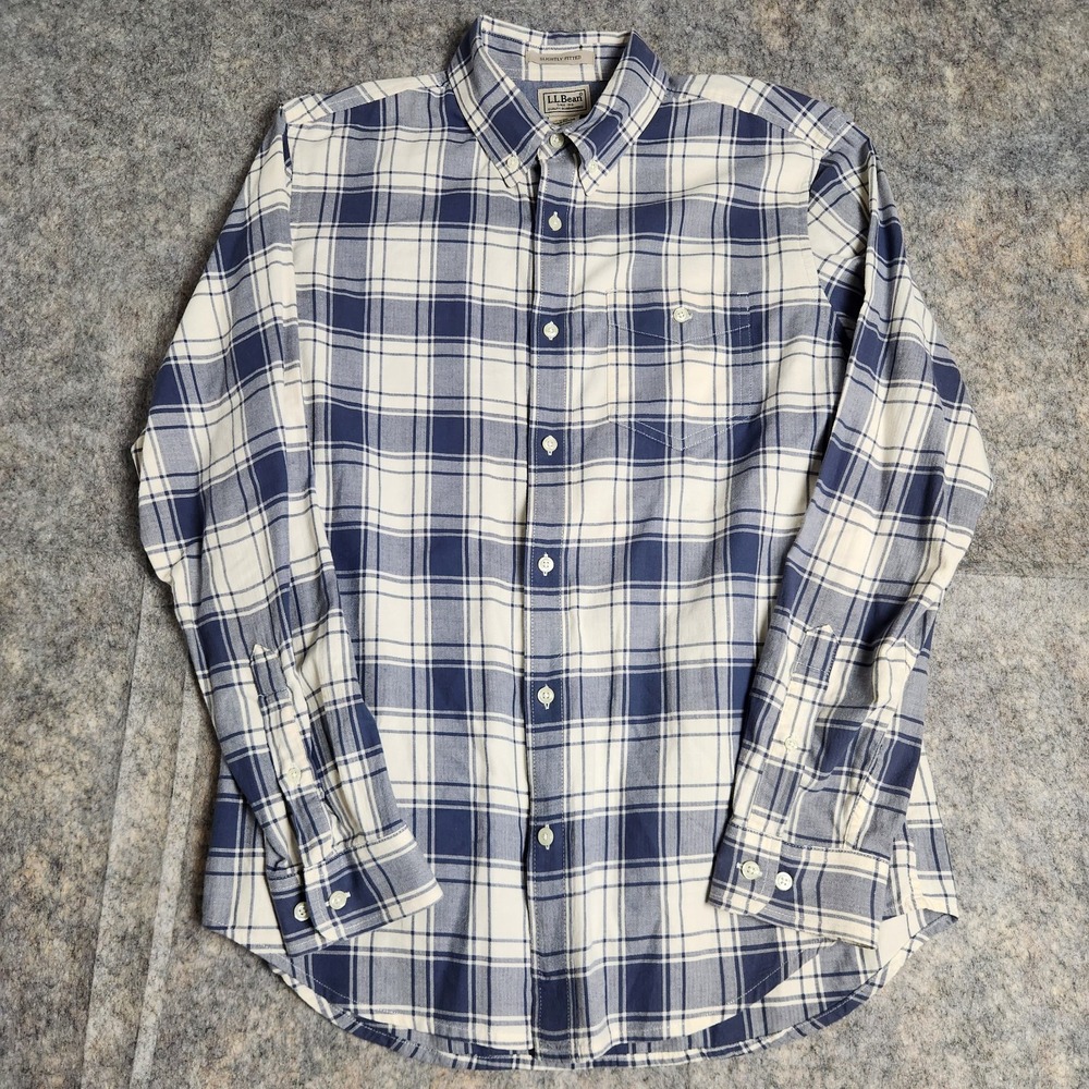 LL Bean Flannel Shirt Men M Slightly Fitted White Gray Scotch Plaid Button Down
